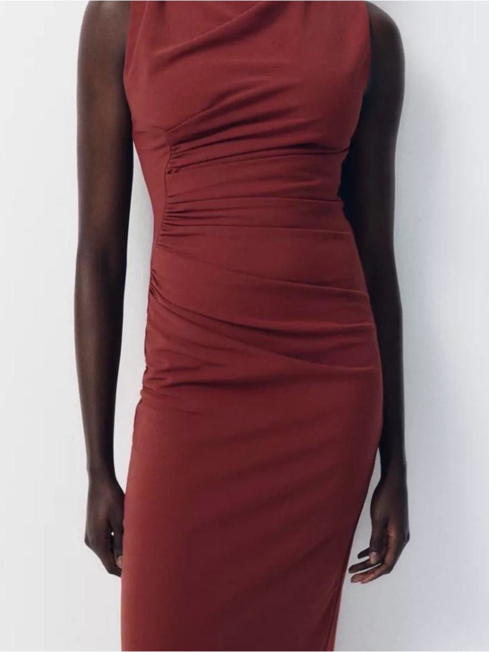 Zara Ruched Midi Dress in Brick